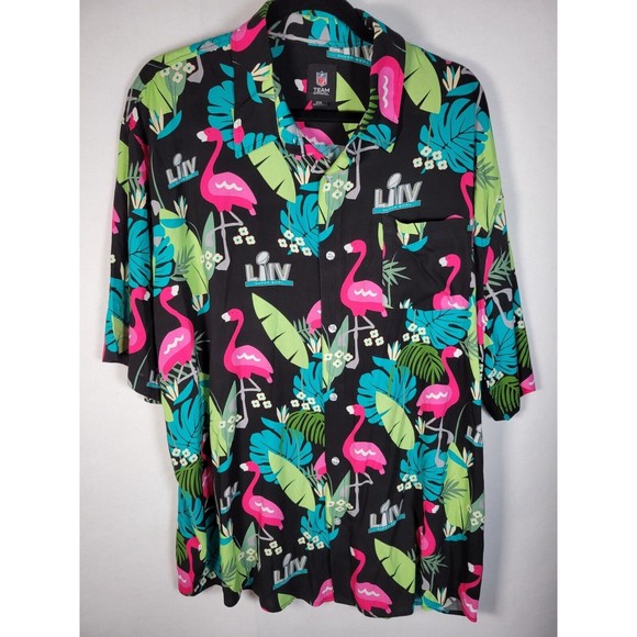Super Bowl NFL Button Shirt 2XL Hawaiian Flamingo Palm Short Sleeve NFL - Picture 1 of 4